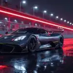 Luxury Hypercar Under Red Neon Lights on Rainy Track