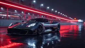 Luxury Hypercar Under Red Neon Lights on Rainy Track