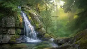 Majestic Cascade Plunging Into Foggy Pool
