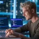 Man Coding On Laptop Night Office