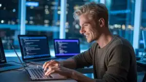 Man Coding On Laptop Night Office