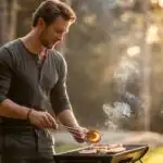 Man Cooking Outdoors Using a Portable Grill