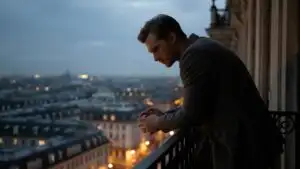 Man Looking Down From Dark Balcony