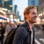 Man Walking Through Evening Market Lights