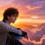 Manga Boy Leaning on Bridge Railing at Sunset