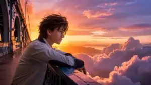Manga Boy Leaning on Bridge Railing at Sunset