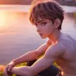 Manga Boy Sitting by Riverbank at Sunset