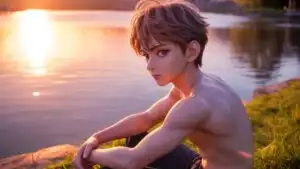 Manga Boy Sitting by Riverbank at Sunset