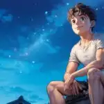 Manga Boy Sitting on Rooftop Under Starry Sky