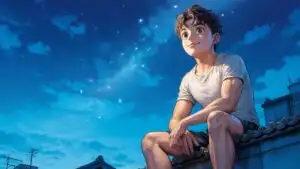Manga Boy Sitting on Rooftop Under Starry Sky