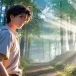 Manga Boy Standing in Misty Forest Path