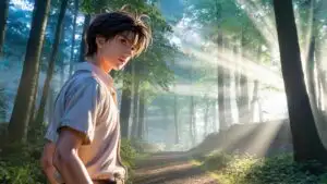 Manga Boy Standing in Misty Forest Path