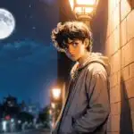 Manga Boy Standing Under Streetlight at Night