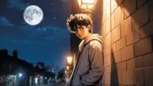 Manga Boy Standing Under Streetlight at Night