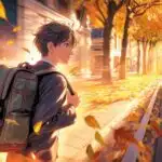 Manga Boy With Backpack Walking in Autumn Street
