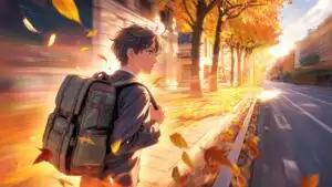 Manga Boy With Backpack Walking in Autumn Street