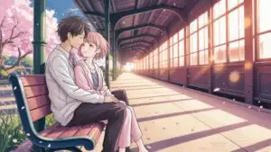 Manga Couple Sitting Close at Train Station