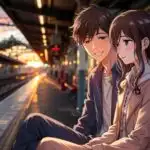 Manga Couple Sitting on Train Platform at Sunset