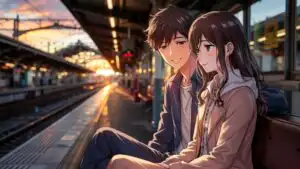 Manga Couple Sitting on Train Platform at Sunset
