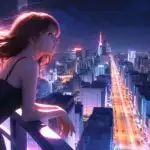 Manga Girl Leaning on Balcony With Night View