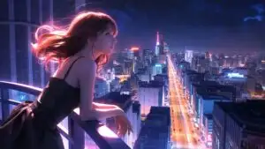 Manga Girl Leaning on Balcony With Night View