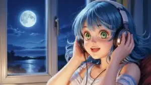 Manga Girl Listening to Music with Headphones
