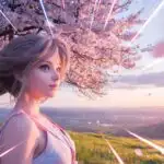 Manga Girl Standing in Front of Blossoming Tree