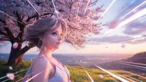 Manga Girl Standing in Front of Blossoming Tree