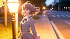 Manga Girl Standing Near Soft Glowing Street Light