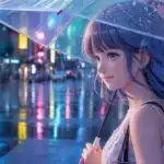 Manga Girl Walking Alone in Rainy City Street