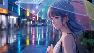Manga Girl Walking Alone in Rainy City Street