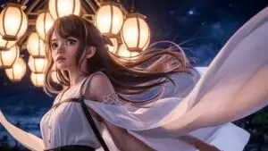 Manga Girl With Long Hair Under Soft Lanterns