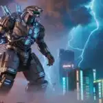 Mecha Godzilla Facing Neon Skyline Storm