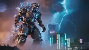 Mecha Godzilla Facing Neon Skyline Storm