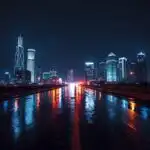 Modern City Skyline Over Reflective Night Road