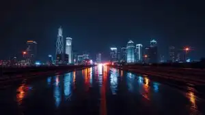 Modern City Skyline Over Reflective Night Road