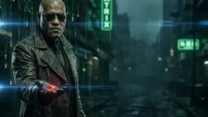 Morpheus Holding Red Pill Under Green Code Rain