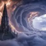 Mystic Citadel Surrounded by Dark Storm Clouds