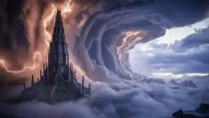 Mystic Citadel Surrounded by Dark Storm Clouds