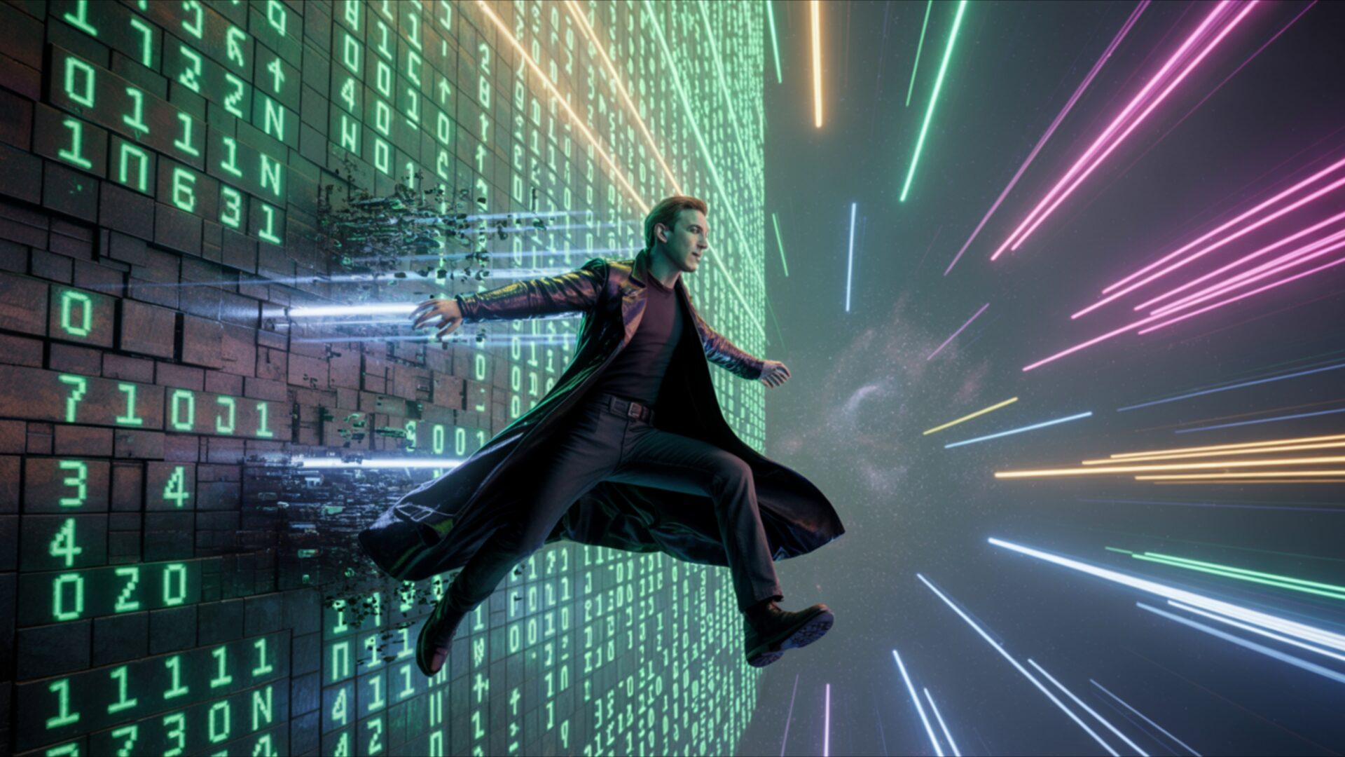 neo breaking the matrix code wall wallpaper, science fiction, cyber reality, digital rain, futuristic world, glitch energy, green code, matrix, neo, desktop, mobile, background