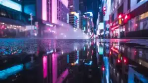Neon City Street Reflection In Puddle