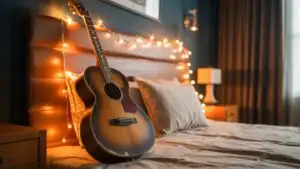 Old Guitar on Bed With Warm String Light