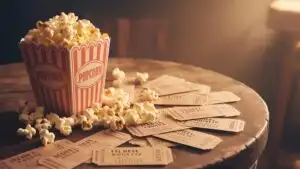 Old Movie Tickets on Table With Popcorn Box