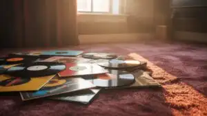 Old Vinyl Collection Spread on Carpet Floor