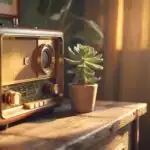Old Wooden Radio Beside Small Potted Plant
