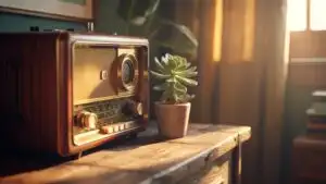 Old Wooden Radio Beside Small Potted Plant