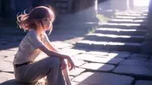 Quiet Moment: Anime Girl Sitting on Sunlit Steps