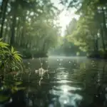 Quiet River Flowing Through Green Woods