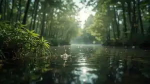 Quiet River Flowing Through Green Woods