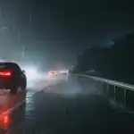Rainy Highway With Car Lights Fading